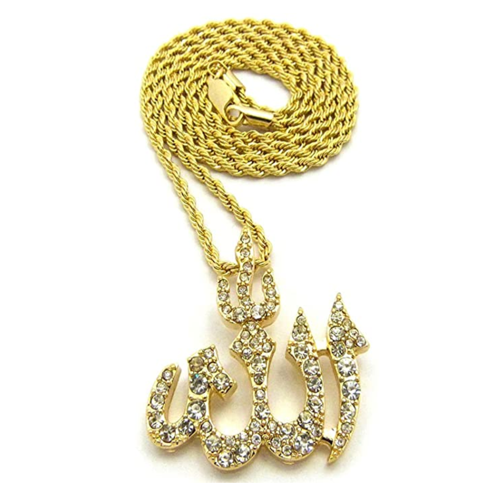 Iced Out Allah Simulated Diamond Necklace Allah Pendant Islamic Hip Hop Jewelry Allah Chain Gold Silver Color Metal Alloy 24in.