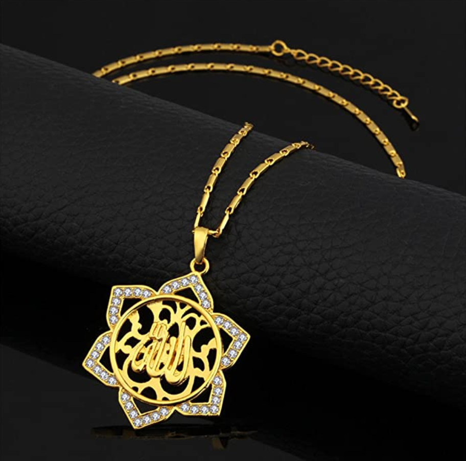 Allah Lotus Flower Simulated Diamond Necklace Islamic Holy Jewelry Allah Gift Muslim 22in.