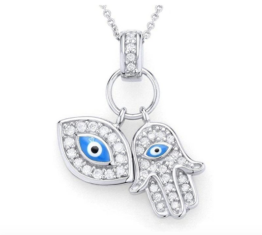 925 Sterling Silver Hamsa Hand Jewish Jewelry Muslim Kabbalah Merkaba Blue Evil Eye Lucky Charm Fatima Necklace Allah Diamond 18in.