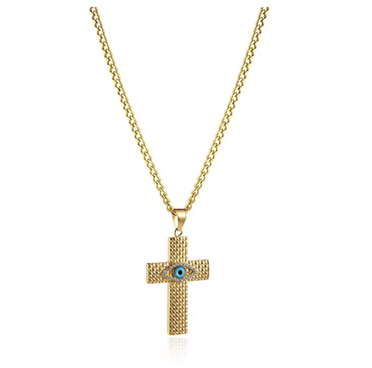 Blue Holy Cross Evil Eye Gold Diamond Jewelry Islamic Gold Hamsa Hand Fatima Christian Jewelry Yoga Jewish Kabbalah 24in.
