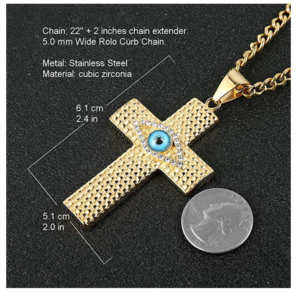 Blue Holy Cross Evil Eye Gold Diamond Jewelry Islamic Gold Hamsa Hand Fatima Christian Jewelry Yoga Jewish Kabbalah 24in.