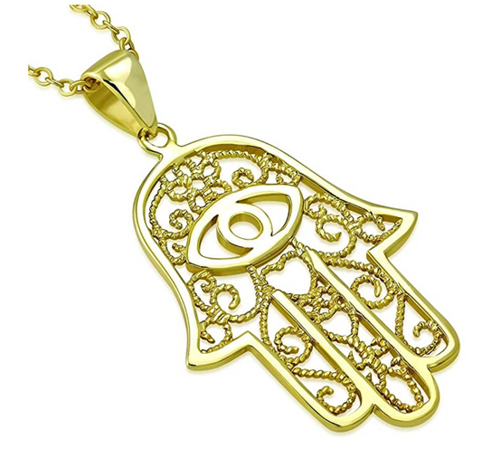 Silver Fatima Necklace Hamsa Hand Gold Evil Eye Lucky Charm Jewish Jewelry Kabbalah Merkaba Muslim Allah Pendant Yoga Meditation 18in.