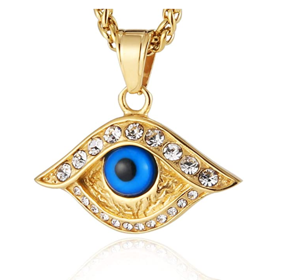 Blue Evil Eye Gold Diamond Jewelry Islamic Gold Hamsa Hand Fatima Muslim Gift Lucky Jewelry Islamic Jewish Jewelry Kabbalah Yoga 24in.