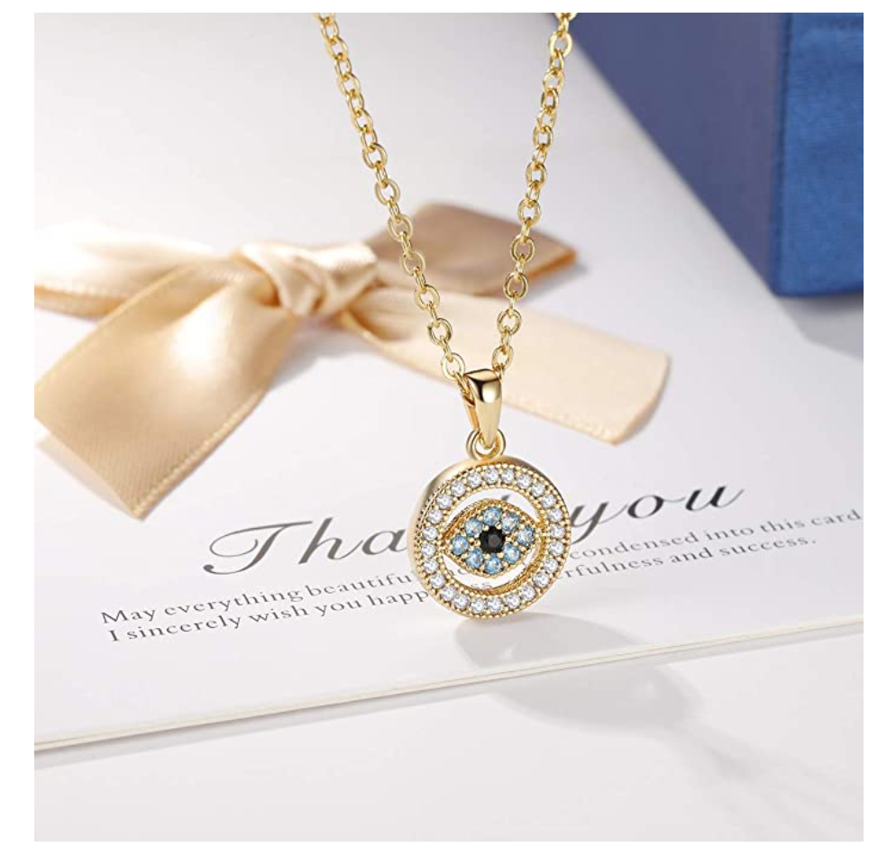 Gold Blue Evil Eye Diamond Jewish Necklace Yoga Jewelry Islamic Muslim Gift Chain 18in.