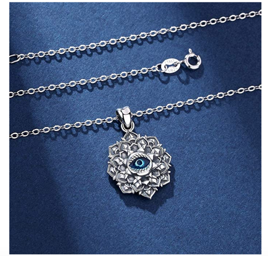 Blue Evil Eye Jewelry Charm Islamic Vintage Lucky Necklace Muslim Jewelry Jewish Yoga Chain Lotus Flower 18in.