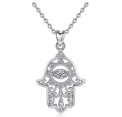 Silver Evil Eye Diamond Jewelry Charm Islamic Rose Gold Hamsa Hand Vintage Lucky Fatima Necklace Muslim Jewish Jewelry Yoga Merkaba 18in.