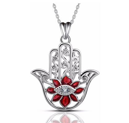 1/10 tcw. Red Lucky Flower Fatima Necklace Evil Eye Diamond Pendant Jewelry Charm Islamic Hamsa Hand Muslim Jewish Jewelry Yoga Merkaba Pink Chain 18in.