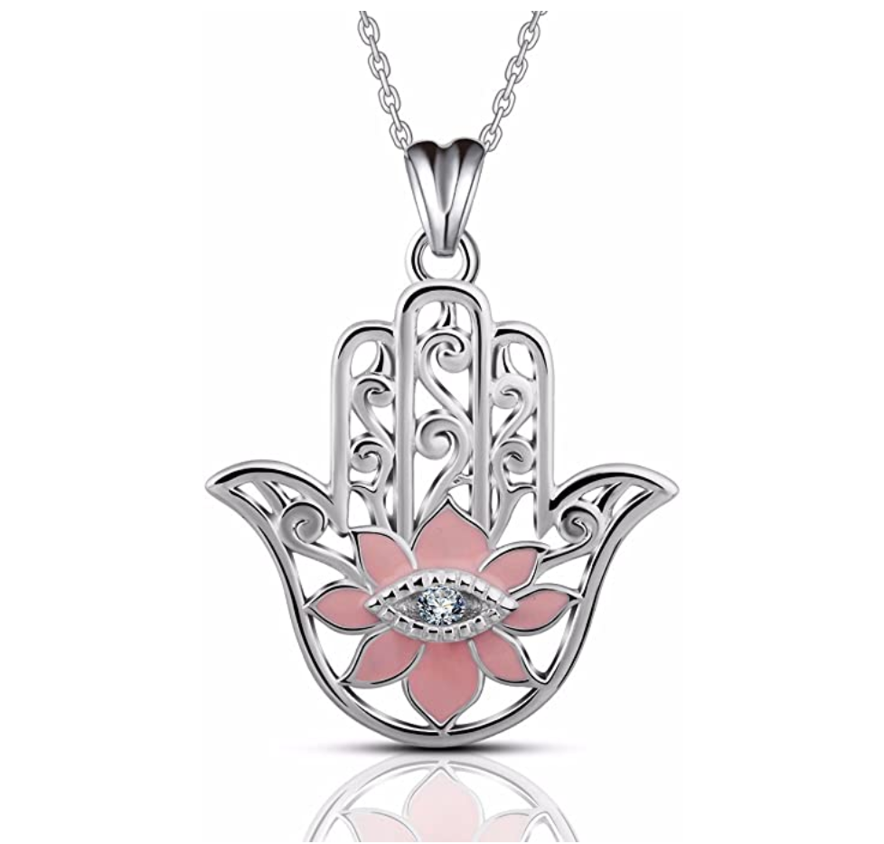 1/10 tcw. Red Lucky Flower Fatima Necklace Evil Eye Diamond Pendant Jewelry Charm Islamic Hamsa Hand Muslim Jewish Jewelry Yoga Merkaba Pink Chain 18in.