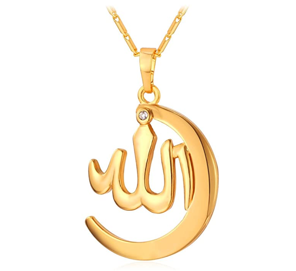 Crescent Moon Allah Pendant Holy Chain Gift Necklace Simulated Diamond Islamic Jewelry Muslim Arabic 22in.