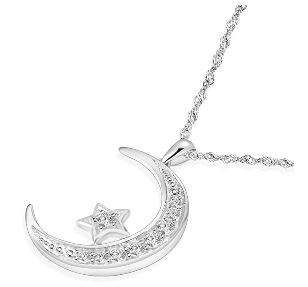 925 Sterling Silver Crescent Moon Simulated Diamond Arabic Jewelry Turkish Islamic Necklace Star Muslim Jewelry Gift Allah 18in.