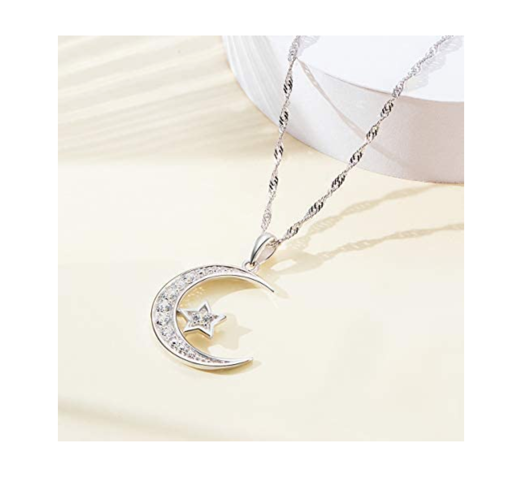 925 Sterling Silver Crescent Moon Simulated Diamond Arabic Jewelry Turkish Islamic Necklace Star Muslim Jewelry Gift Allah 18in.