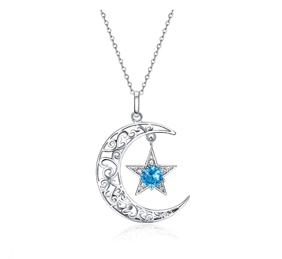 925 Sterling Silver Simulated Blue Sapphire Star Silver Crescent Moon ...