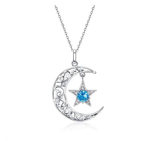 925 Sterling Silver Simulated Blue Sapphire Star Silver Crescent Moon Necklace Turkish Islamic Muslim Jewelry Arabic Pendant Chain Allah 18in.