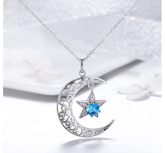 925 Sterling Silver Simulated Blue Sapphire Star Silver Crescent Moon Necklace Turkish Islamic Muslim Jewelry Arabic Pendant Chain Allah 18in.