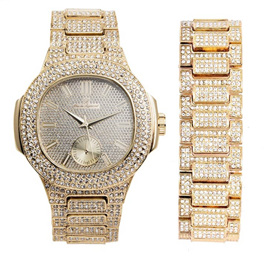 Silver Gold Color Watch Simulated Diamond Watch Set Bust Down Hip Hop Bracelet Bundle Iced Out Watch Bling Jewelry Gift