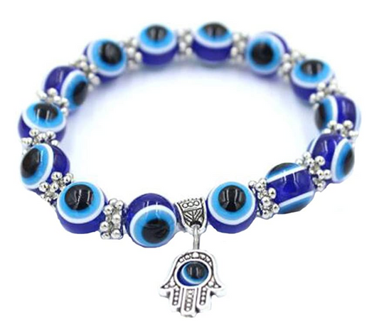 Silver Blue Evil Eye Bracelet Muslim Jewelry Lucky Charm Gift Islamic Jewish Bracelet 7-8in.