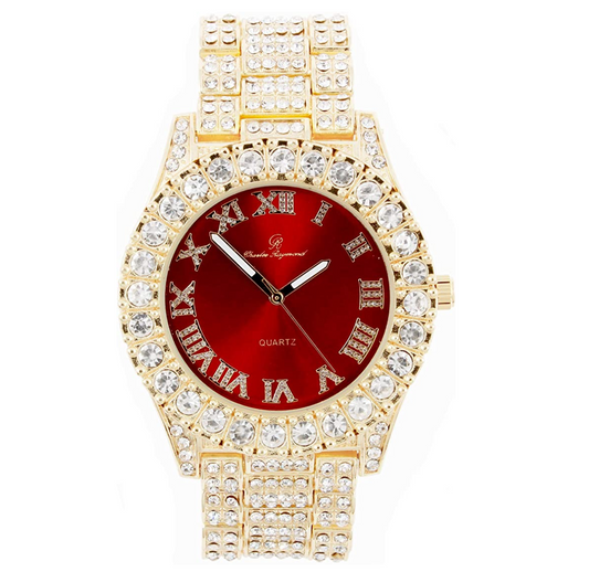 Gold Color Watch Simulated Diamond Red Face Watch Hip Hop Bust Down Bling Jewelry Roman Numeral Blue Dial