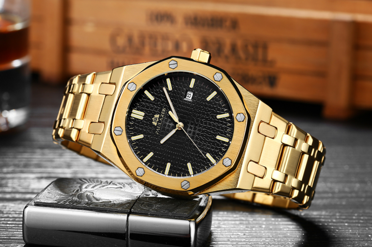 45mm Men's Gold Black Dial Watch Octagonal Luxury Business Shiny Silver Watch Skeleton Big Blue Face Stainless Steel Dress Watch