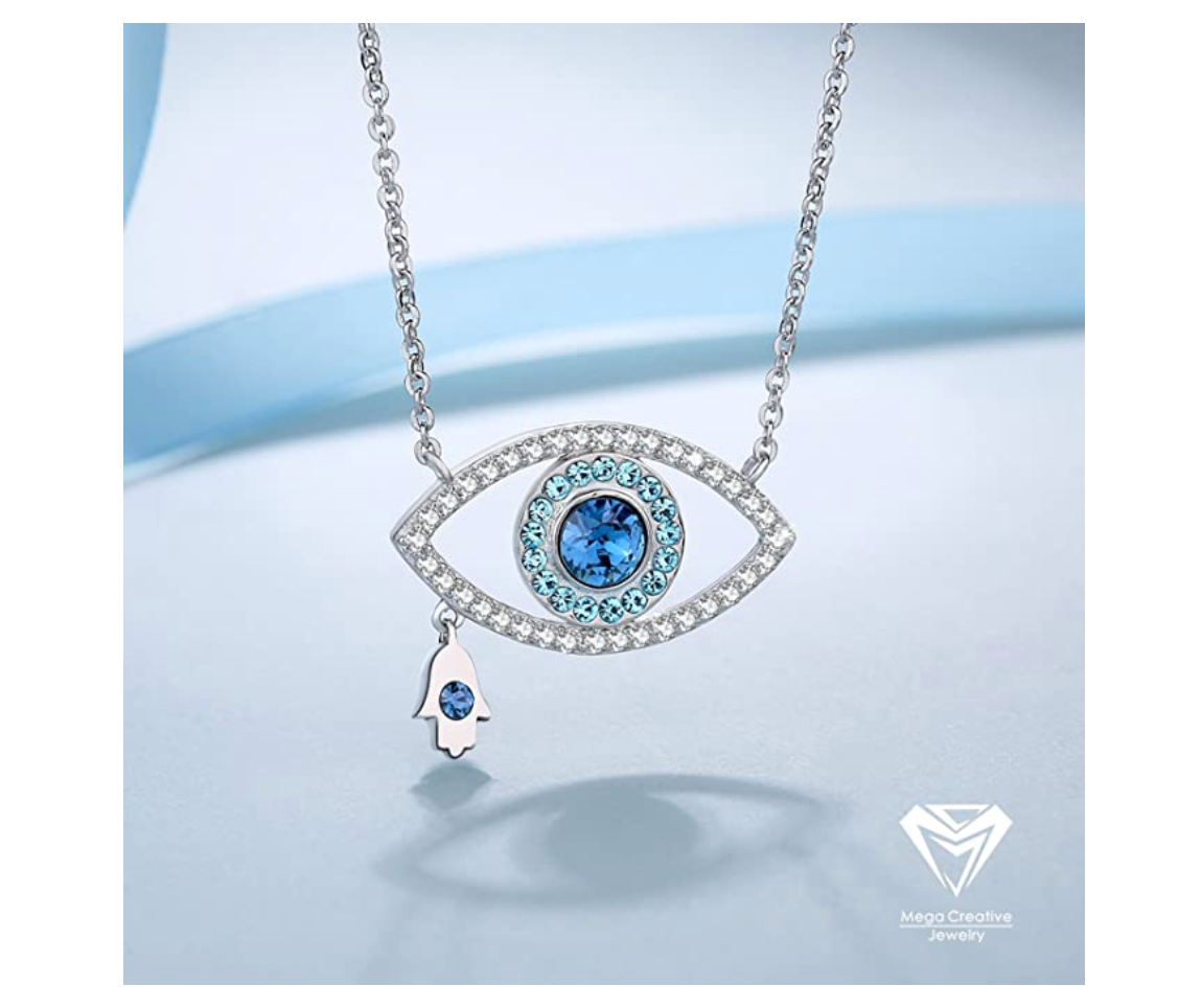 1/10 tcw. Lucky Silver Fatima Necklace Blue Evil Eye Diamond Jewelry Charm Islamic Hamsa Hand Muslim Jewish Jewelry Yoga Chain 20in.