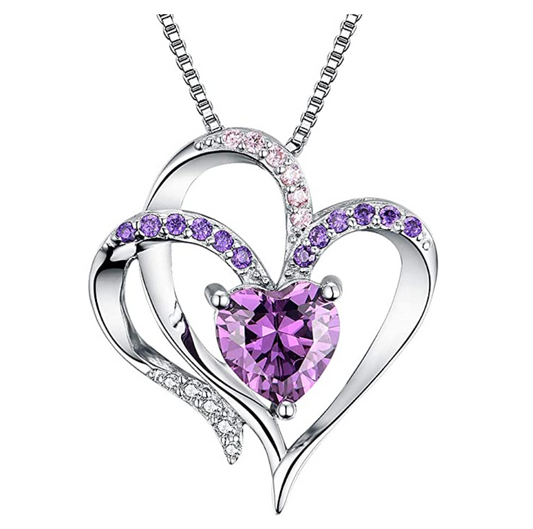 1/4 ct. Simulated Diamond Purple Heart Necklace Love Crystal Charm Valentines Anniversary Birthday Gift Mother Day Chain 925 Sterling Silver 20in.