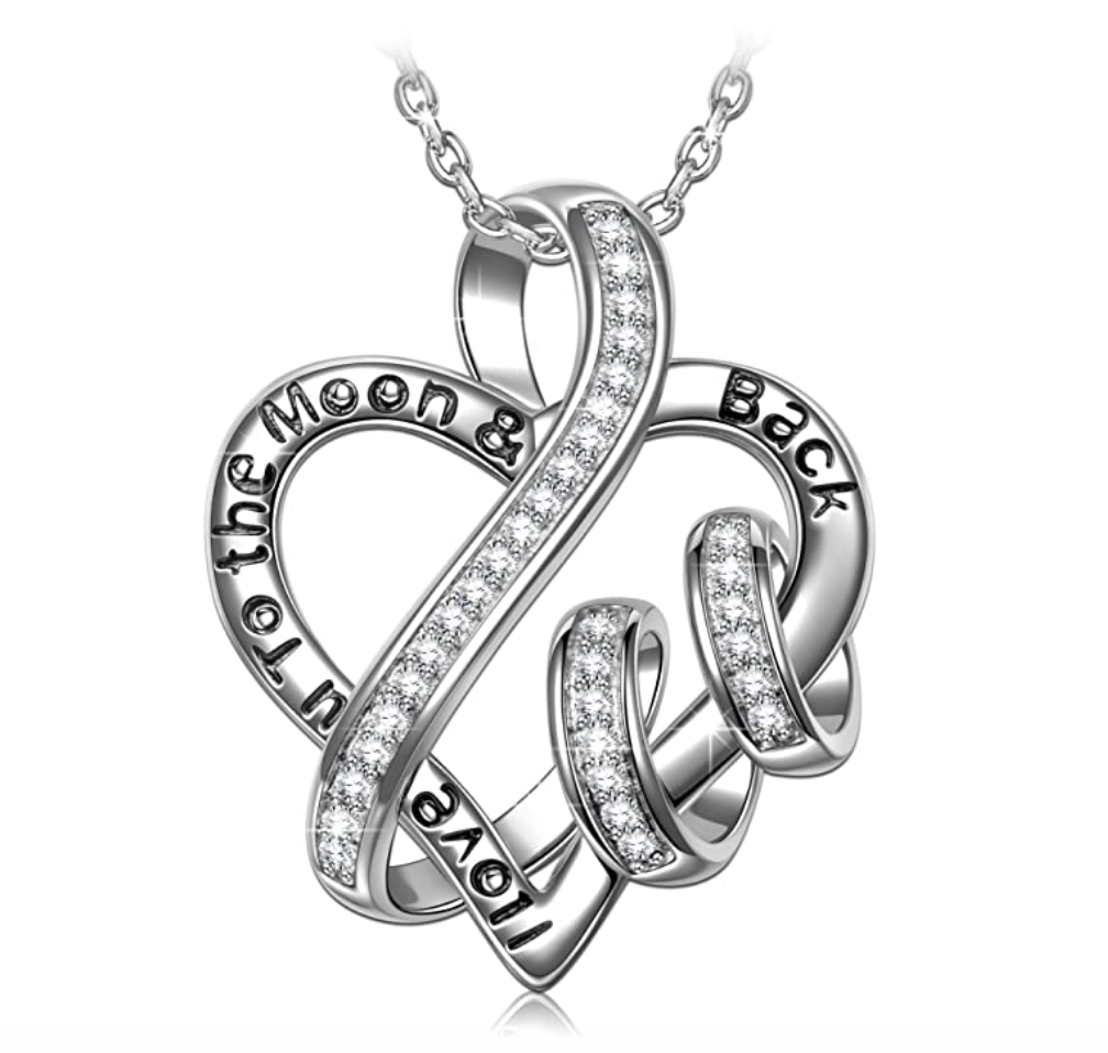 925 Sterling Silver 1/4 ct. Simulated Diamond I Love You Mom Necklace Heart Twist Design Mothers Day Jewelry Gift Heart Chain 20in.