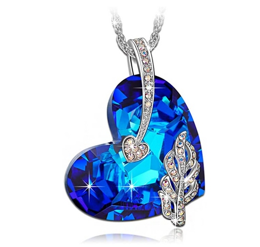 1/4 ct. Simulated Diamond Blue Sapphire Heart Crystal Simulated Gemstone Necklace Leaves Mothers Day Anniversary Gift Heart Chain 18in.
