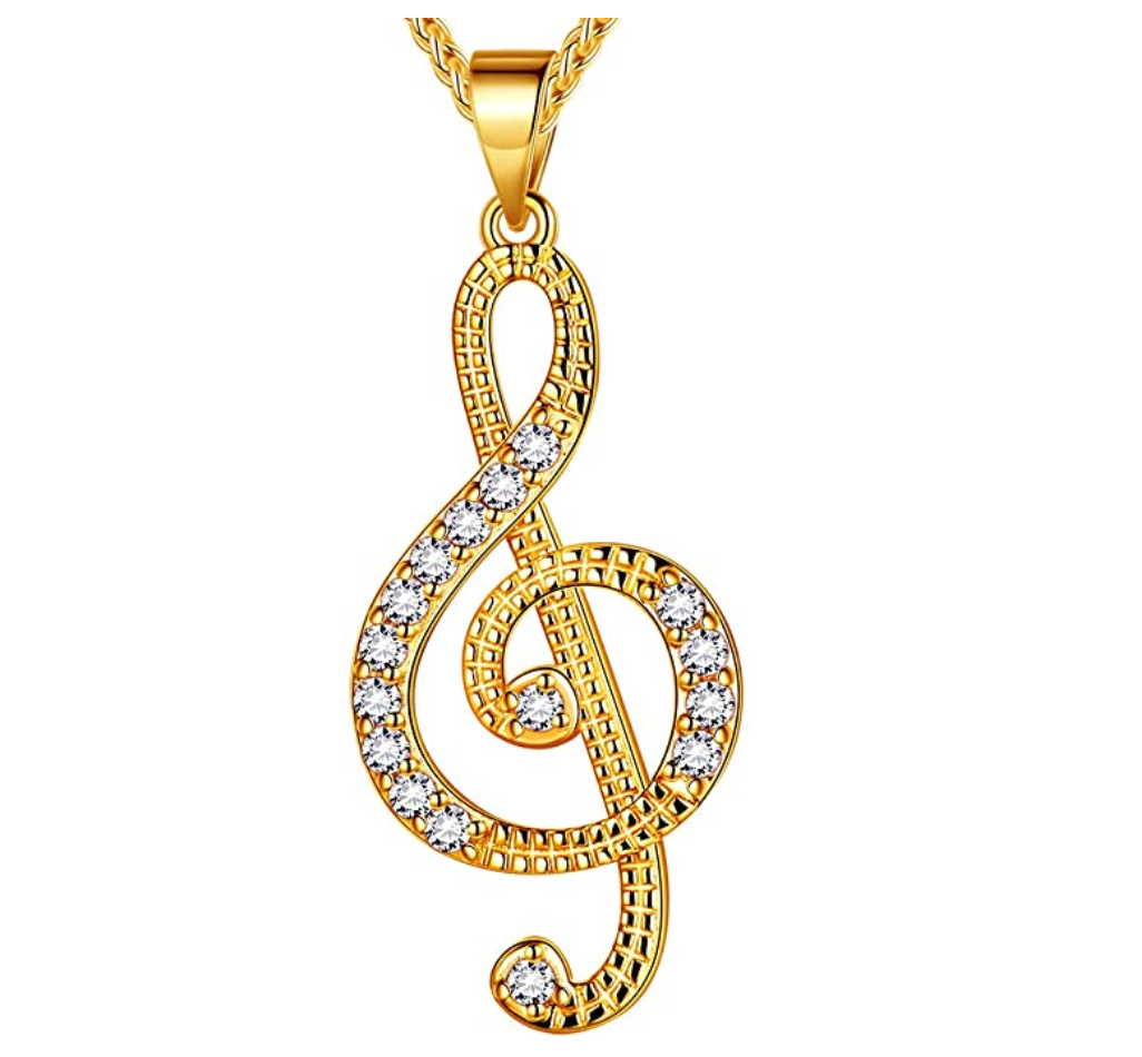 1/4 ct. Simulated Diamond Treble Clef Note Necklace Music Note Charm Musician Jewelry Singer Gift 20in.