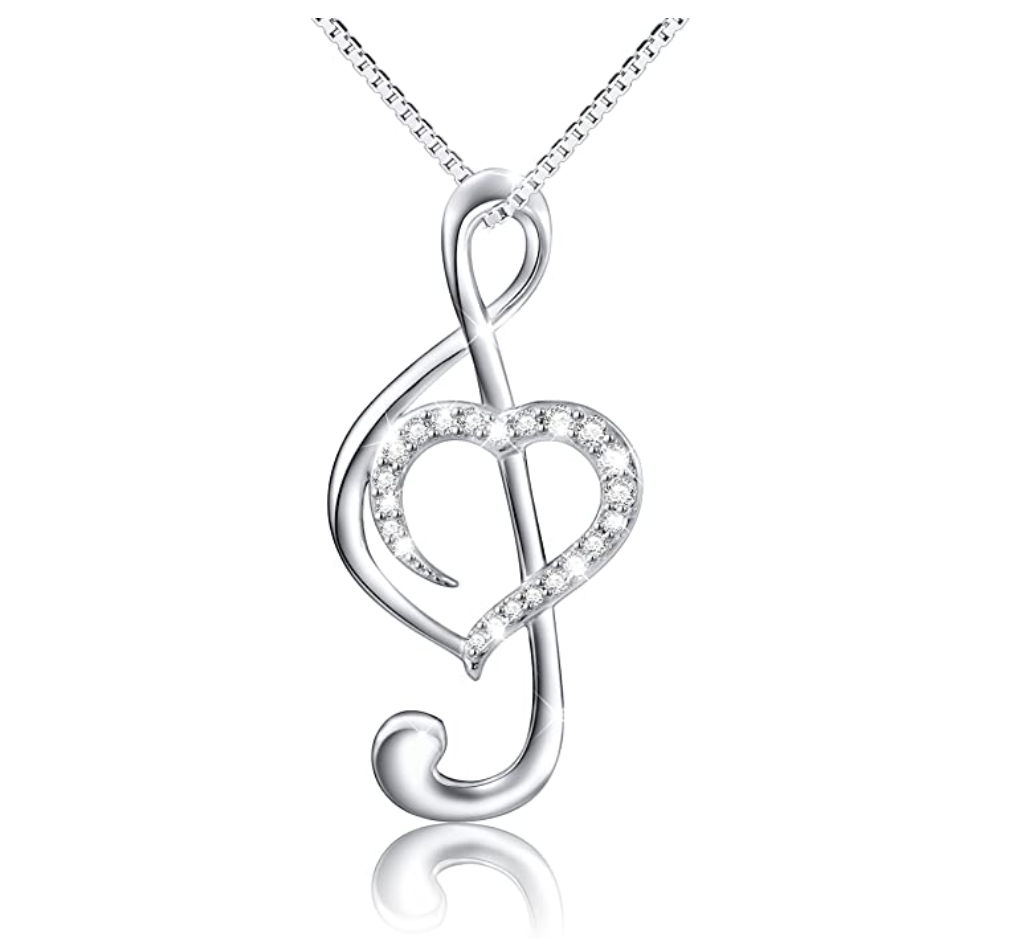 1/4 ct. Simulated Diamond Heart Treble Clef Note Necklace Music Note Charm Musician Jewelry Singer Gift 925 Sterling Silver 20in.