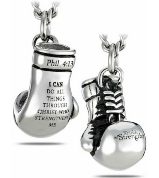 Silver Boxing Glove Necklace Boxing Gloves Chain Boxing Jewelry PHIL 4:13 I CAN DO ALL THINGS Silver Color Metal Alloy 24in.