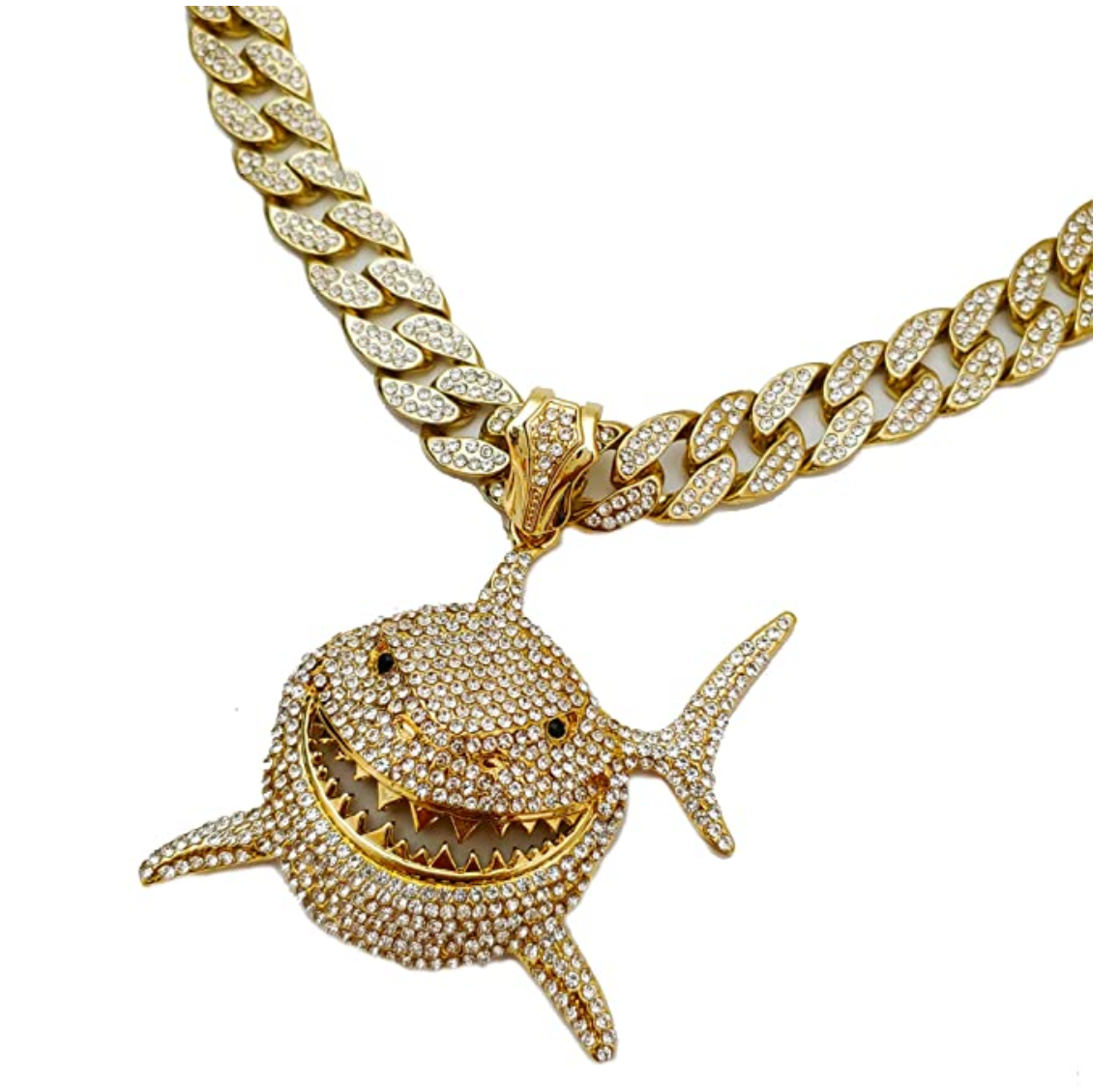 Shark Pendant Necklace Hip Hop Simulated Diamond Shark Chain Cuban Link Iced Out Silver Gold Color Metal Alloy 20in.