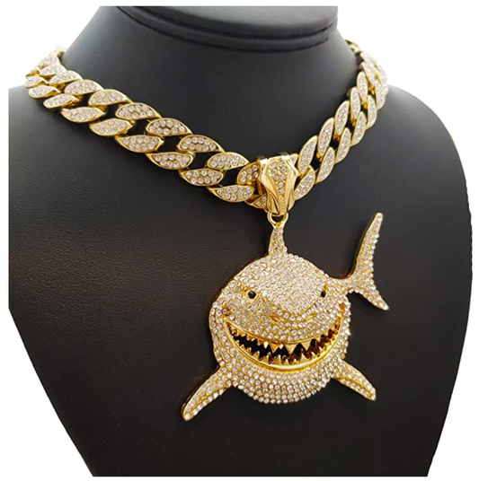 Shark Pendant Necklace Hip Hop Simulated Diamond Shark Chain Cuban Link Iced Out Silver Gold Color Metal Alloy 20in.