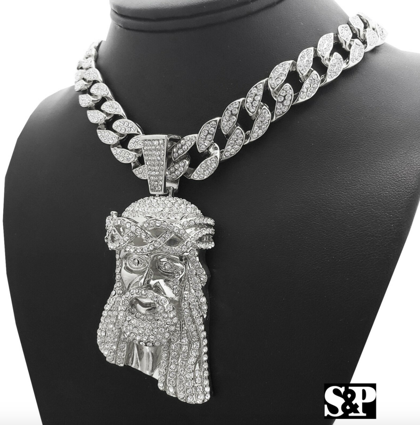 Jesus Head Pendant Jesus Face Necklace Simulated Diamond Cartoon Necklace Hip Hop Chain Iced Out Cuban Link 18in.