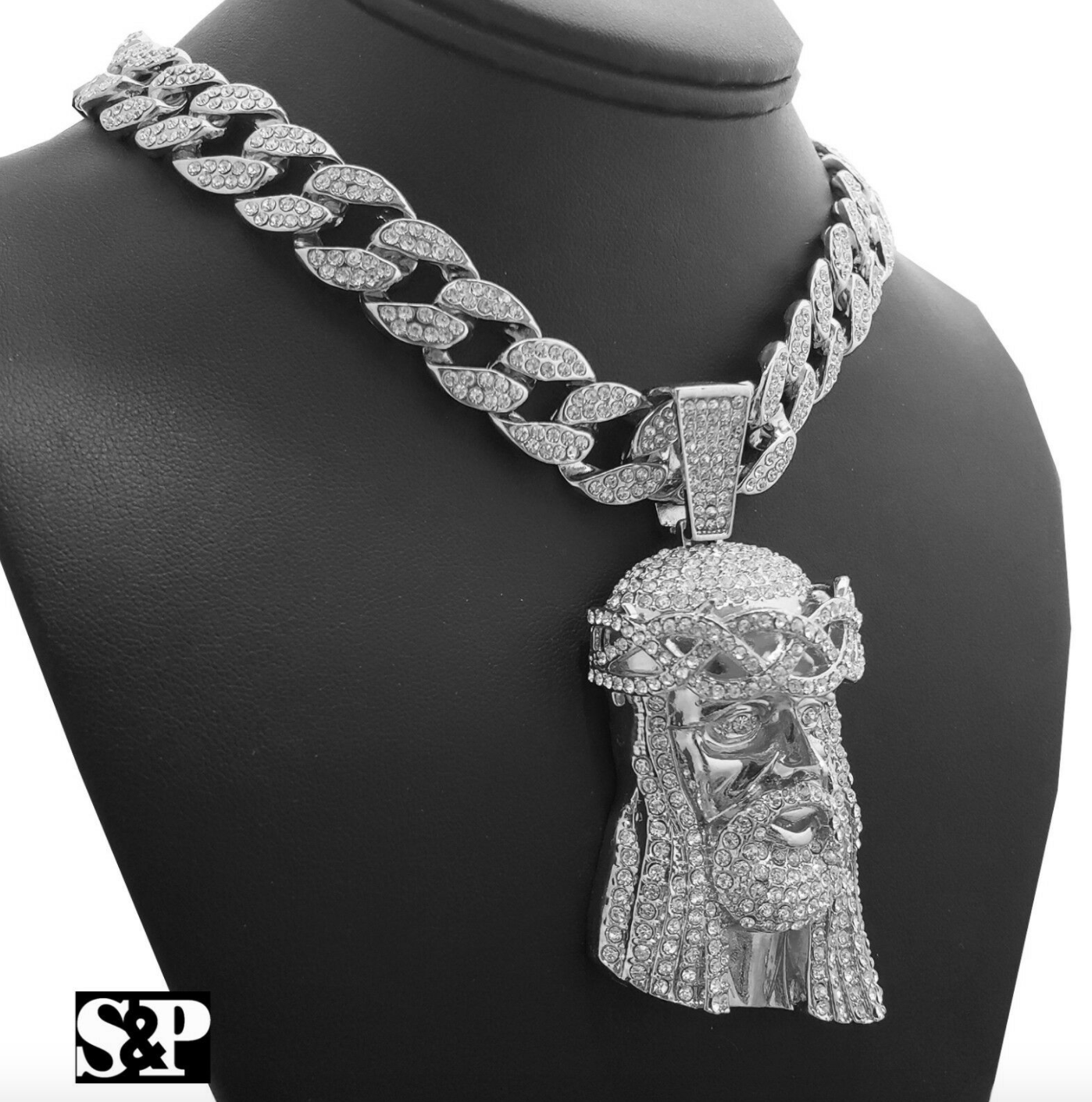 Jesus Head Pendant Jesus Face Necklace Simulated Diamond Cartoon Necklace Hip Hop Chain Iced Out Cuban Link 18in.