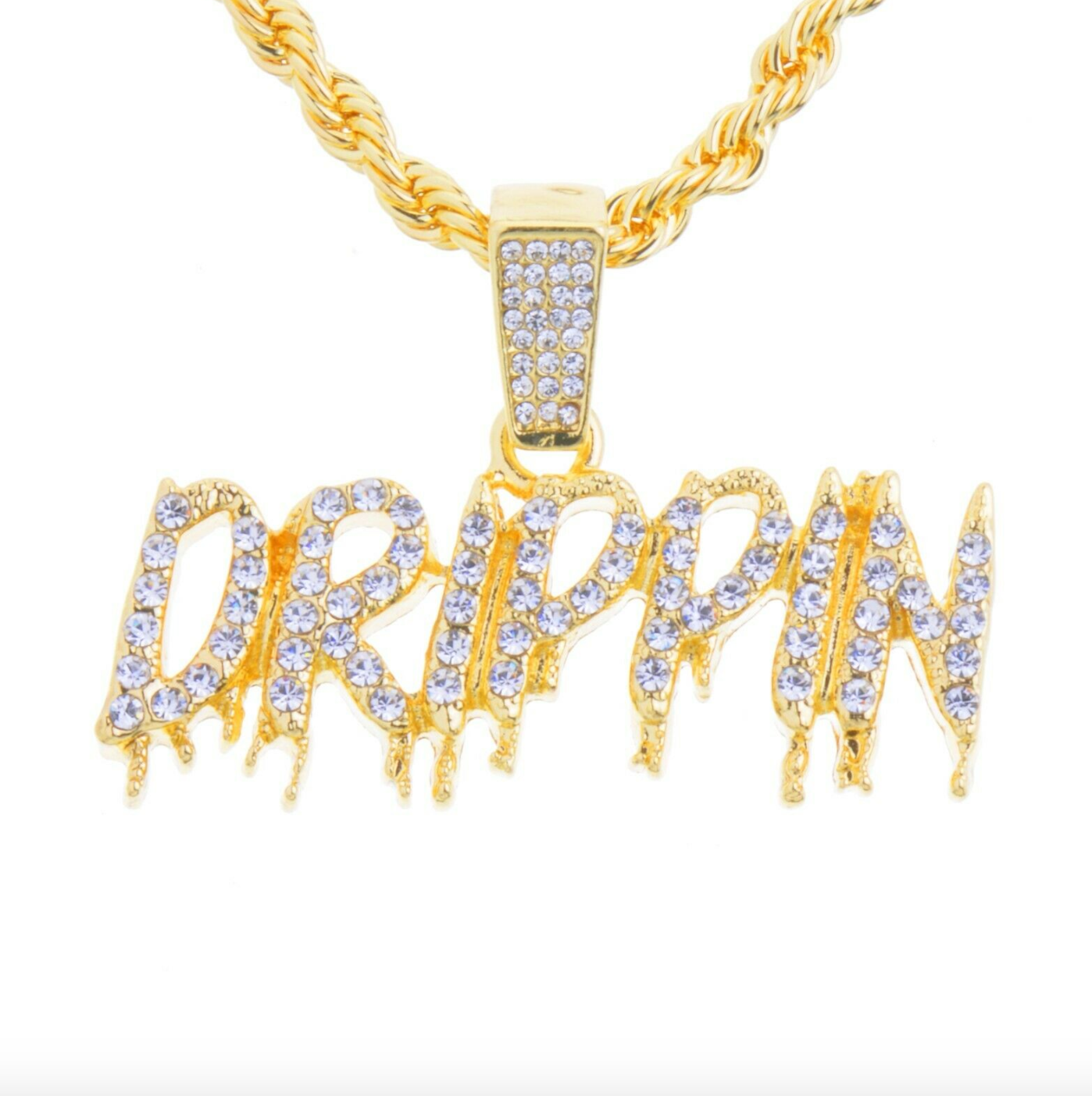 Iced Drippin Pendant Drip Necklace Gold Color Metal Alloy Simulated Diamond Necklace Hip Hop Twist Rope Chain Iced Out 24in.