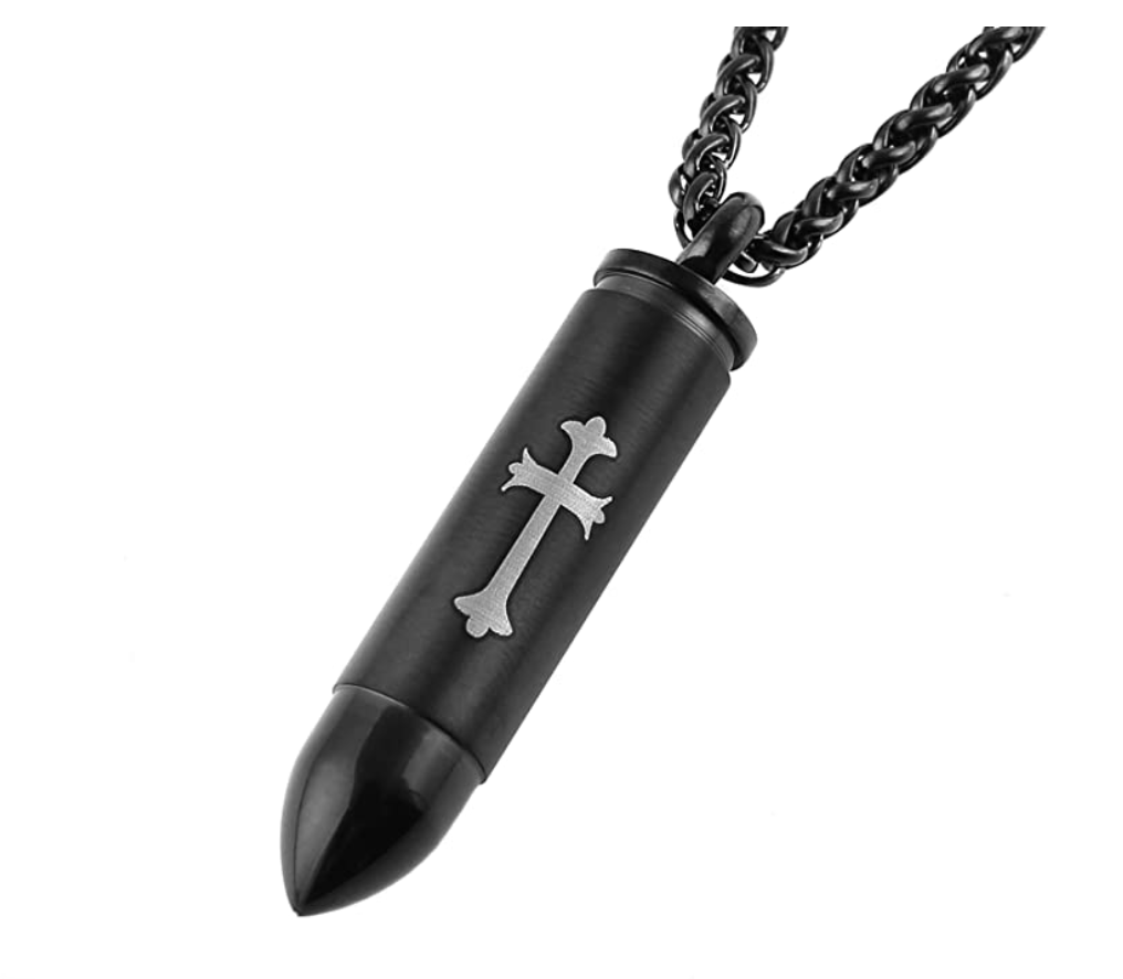 Stainless Steel Celtic Cross Bullet Cremation Jewelry Necklace Keepsake Memorial Ash Urn Pendant Black Gold Chain Silver 24in.