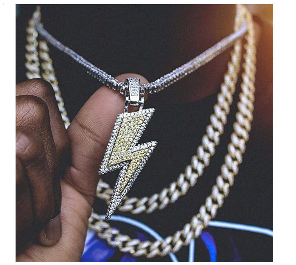 Lightning Bolt Pendant Simulated Diamond Cartoon Hip Hop Lighting Necklace Chain Iced Out 24in.