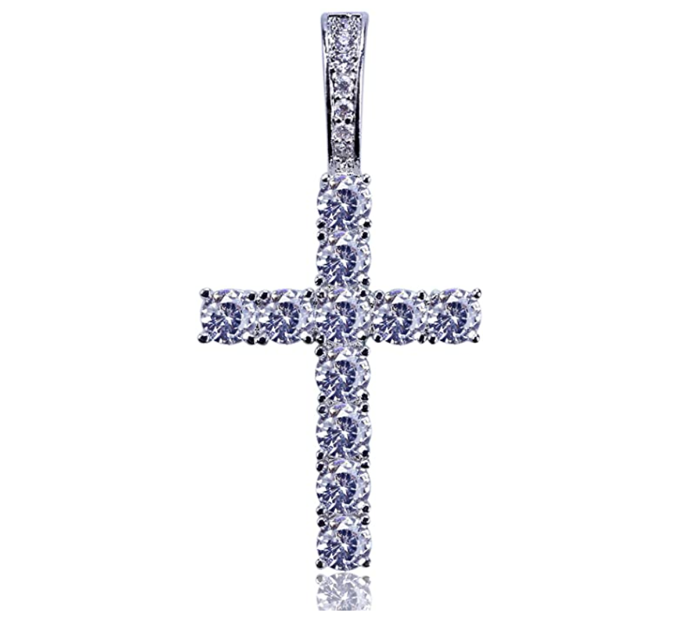 Holy Cross Pendant Simulated Diamond Hip Hop Jesus Necklace Skinny Cross Iced Out Twist Rope Chain 24in.