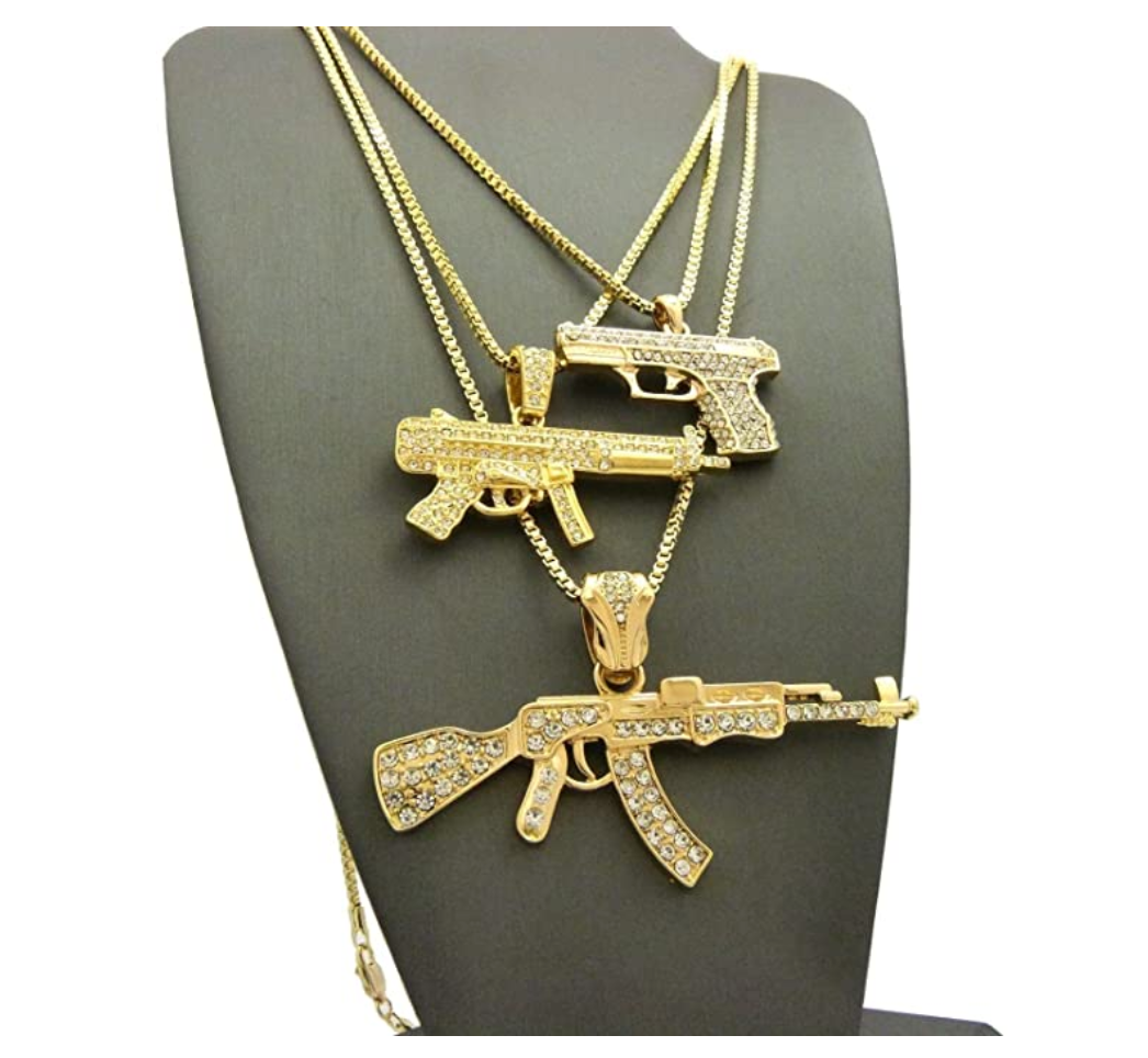 Machine Gun Chain AK 47 Chopper Pendant Gold Color Metal Alloy Simulated Diamond 45 Pistol Necklace 9mm Gun Cartoon Hip Hop Draco Chain Iced Out 24-30in. Set