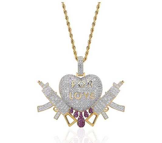 Love Broken Heart Pendant Drip Simulated Diamond Machine Gun Necklace Hip Hop AK 47 Chopper Chain Iced Out Draco Gold Color Metal Alloy 24in.