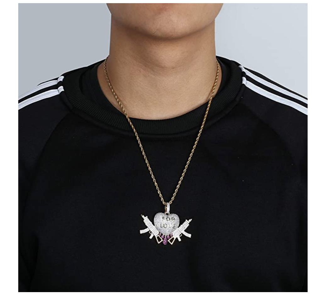 Love Broken Heart Pendant Drip Simulated Diamond Machine Gun Necklace Hip Hop AK 47 Chopper Chain Iced Out Draco Gold Color Metal Alloy 24in.