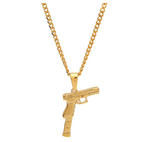 Extended Clip Pendant Pistol Gun Necklace Cartoon 9mm Hip Hop Chopper Chain 45 Gun Iced Out Gold Color Metal Alloy 24in.