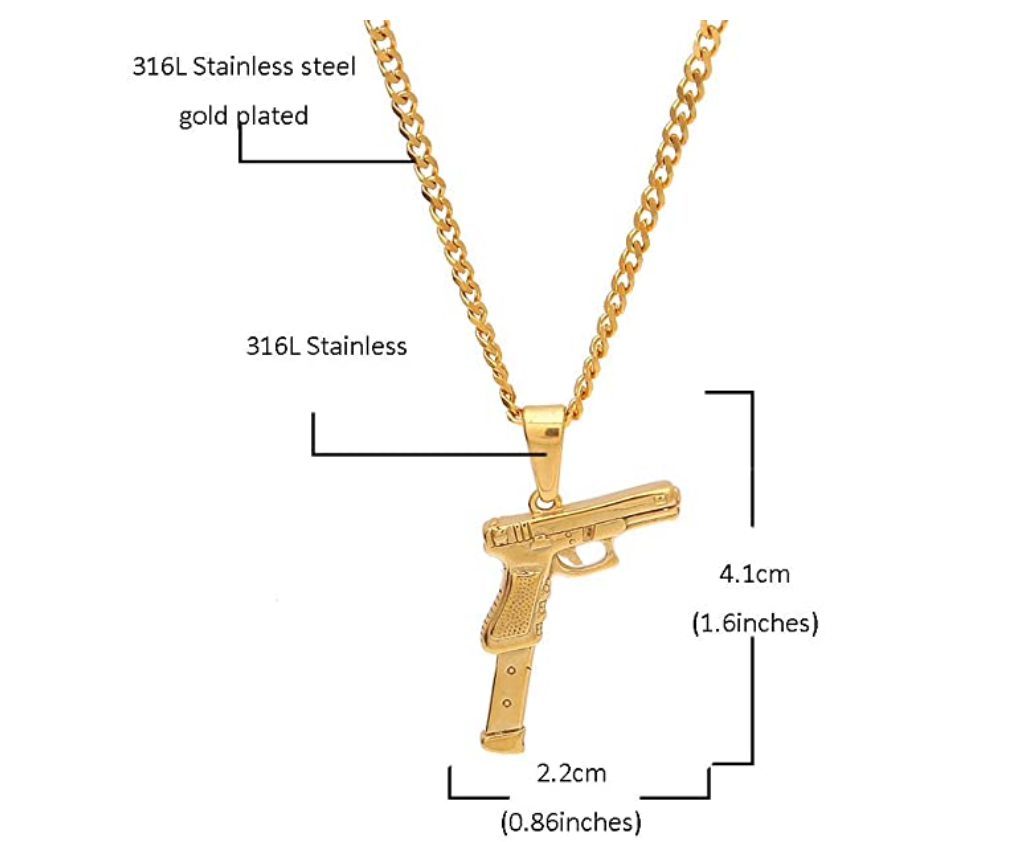 Extended Clip Pendant Pistol Gun Necklace Cartoon 9mm Hip Hop Chopper Chain 45 Gun Iced Out Gold Color Metal Alloy 24in.