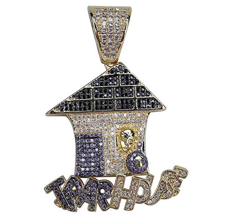 Trap House Pendant Rapper Goon Lean Necklace Simulated Diamond Trap House Silver Iced Out 24in.