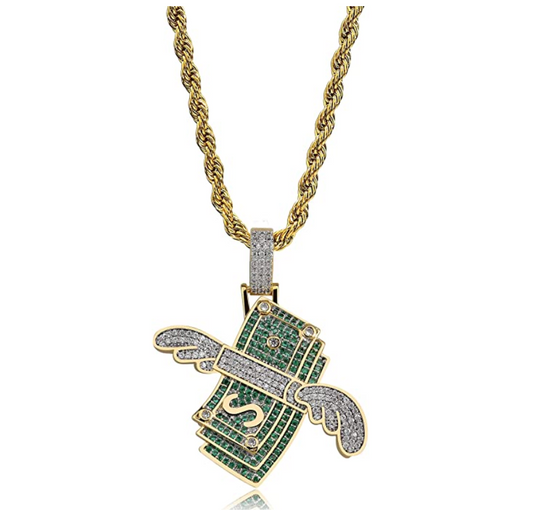 Flying Money Pendant Rapper Cash Necklace Simulated Diamond Money Wings Silver Iced Out 24in.