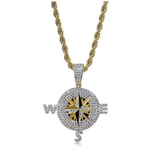 Compass Pendant Rapper Travel Map Necklace Simulated Diamond Compass Map Silver Iced Out 24in.
