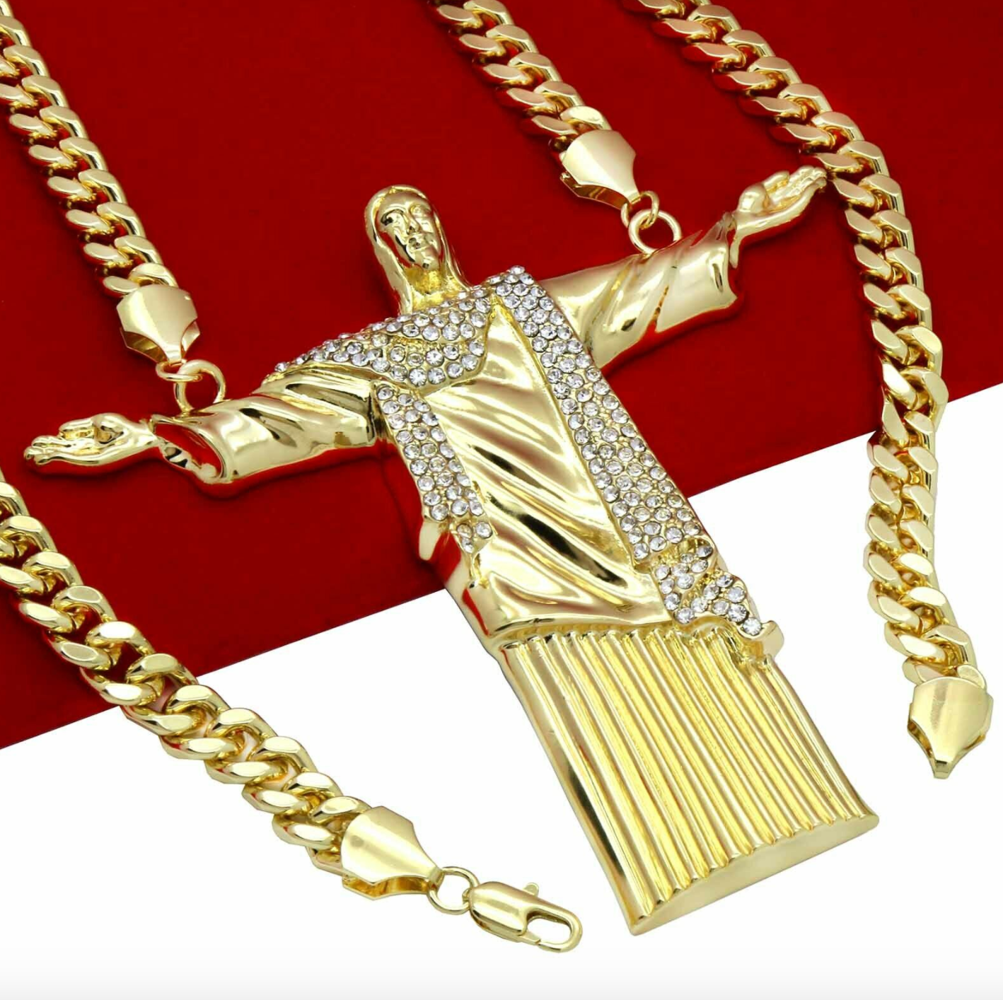 Christ The Redeemer Chain Simulated Diamond Rio de Janeiro Brazil Jesus Necklace Christ Pendant Rapper Iced Out Gold Silver Metal Alloy 30in.