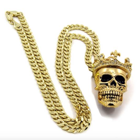 Gold Crown Skull Chain King Skull Head Necklace Skull Pendant Rapper Iced Out 24in.