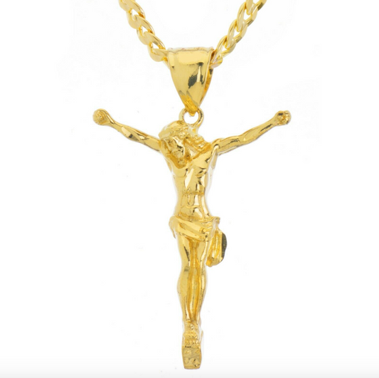 Jesus Christ Chain Cross Necklace Jesus Pendant Rapper Iced Out Gold Metal Alloy 20in.
