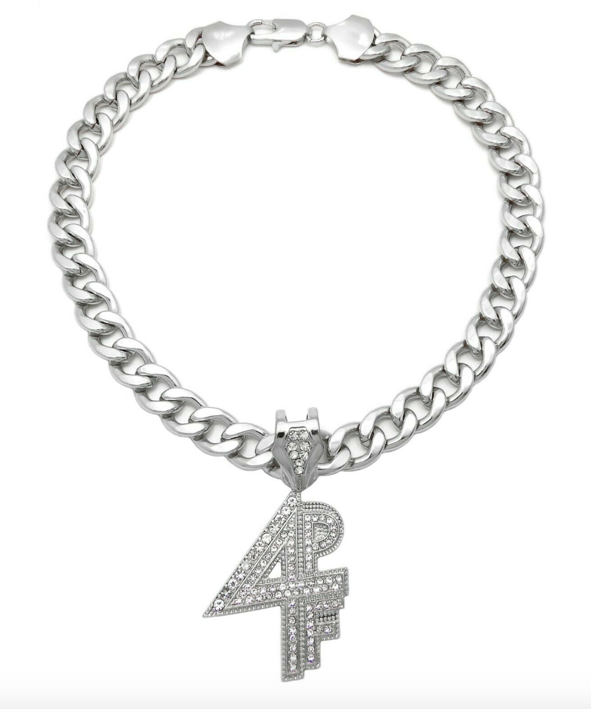 4PF Pendant Lil Baby Silver Chain 4PF Necklace Rapper Iced Out Cuban Link 18in.