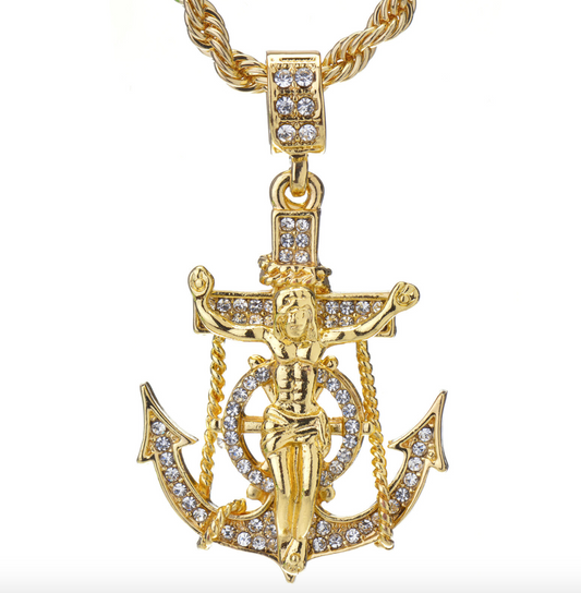 Jesus Anchor Pendant Jesus Cross Chain Jesus Christ Necklace Silver Iced Out Gold 24in.